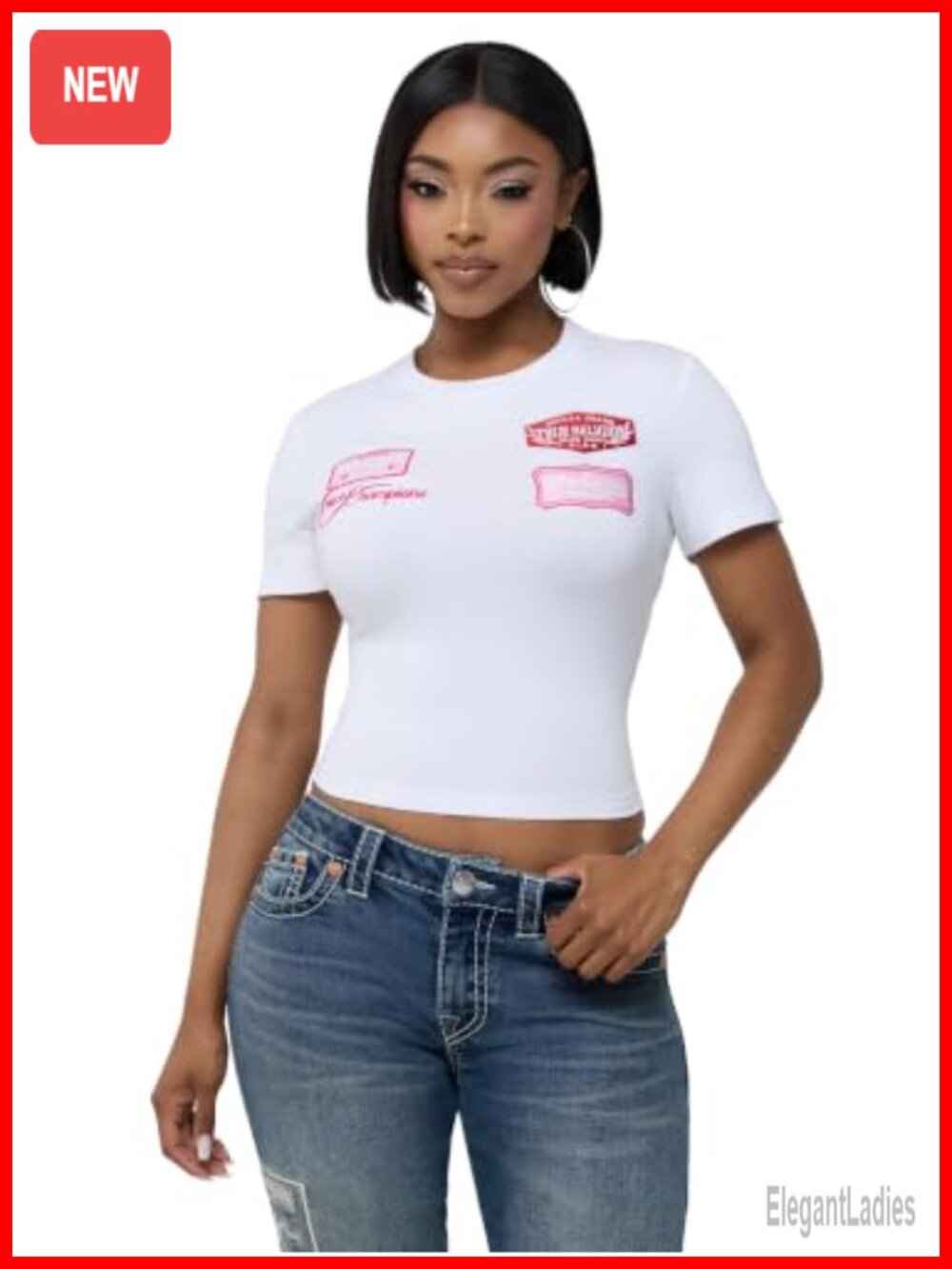 Women's Embroidered Patch Baby Tee Cotton Elastane Crew Neck Crop Top